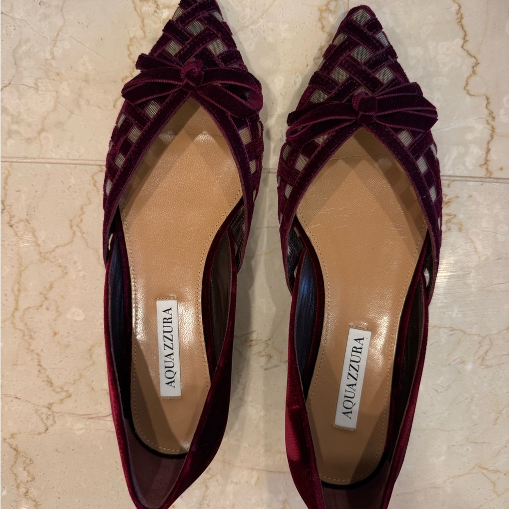 Aquazzura Burgundy Velvet Pointed Flats with Bow